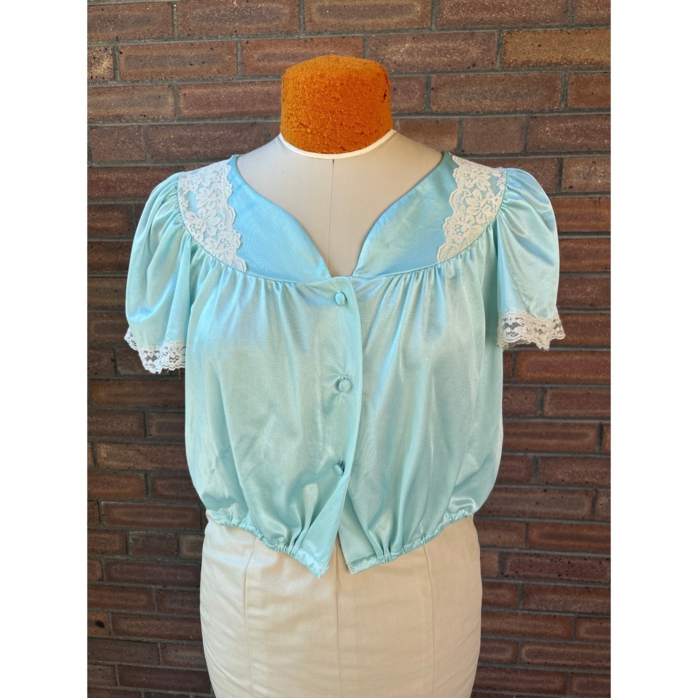 Vintage 60s Upcycled Reworked Lace Trim Cropped Top Light Blue Small Romantic